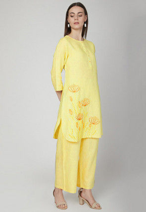 Embroidered Cotton Linen Kurta with Palazzo in Yellow