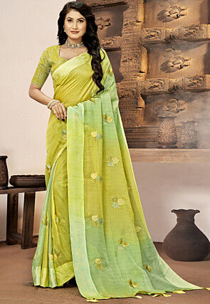 Embroidered Cotton Linen Saree in Light Green