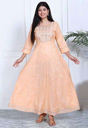 Embroidered Cotton Long Kurta in Peach