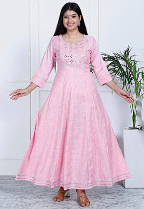 Embroidered Cotton Long Kurta in Pink