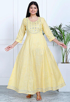 Embroidered Cotton Long Kurta in Yellow