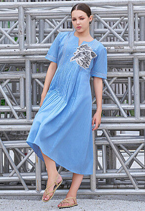 Embroidered Cotton Midi Dress in Blue