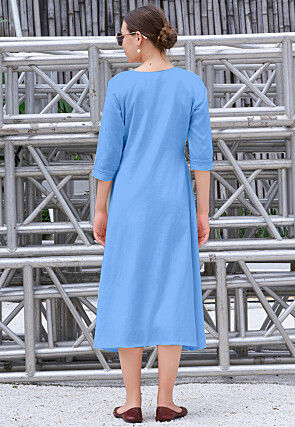 Embroidered Cotton Midi Dress in Blue