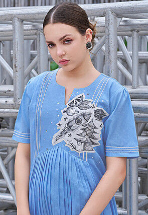 Embroidered Cotton Midi Dress in Blue