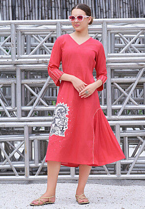 Embroidered Cotton Midi Dress in Coral Pink