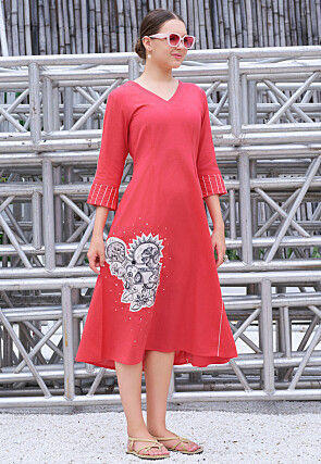 Embroidered Cotton Midi Dress in Coral Pink