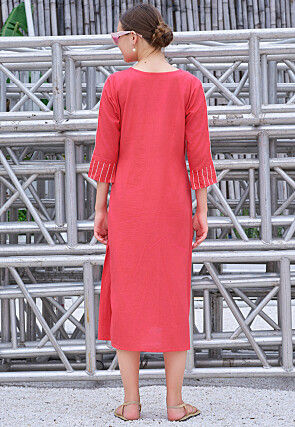 Embroidered Cotton Midi Dress in Coral Pink