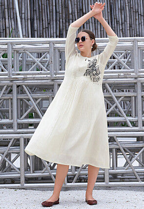 Embroidered Cotton Midi Dress in Off White