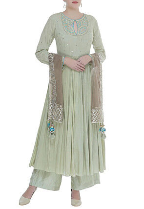 Embroidered Cotton Mulmul Pakistani Suit in Pastel Green