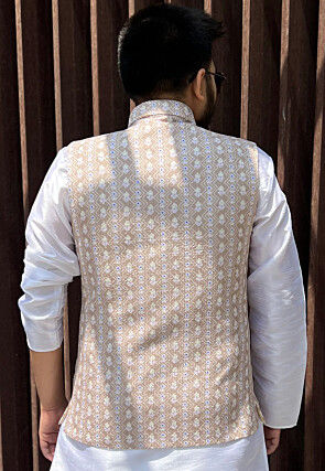 Embroidered Cotton Nehru Jacket in Beige