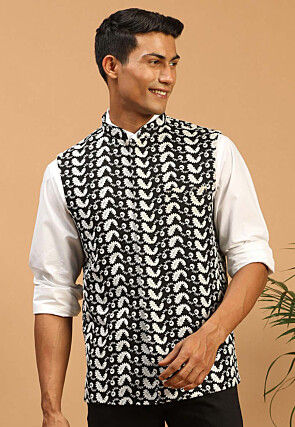 Embroidered Cotton Nehru Jacket in Black
