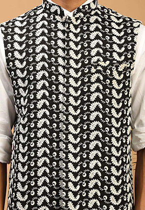 Embroidered Cotton Nehru Jacket in Black