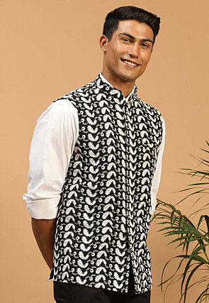 Embroidered Cotton Nehru Jacket in Black