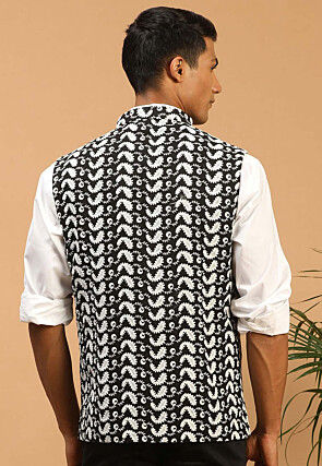 Embroidered Cotton Nehru Jacket in Black