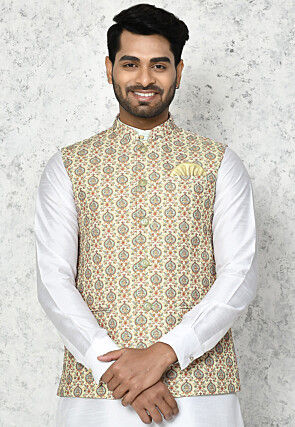 Embroidered Cotton Nehru Jacket in Light Beige