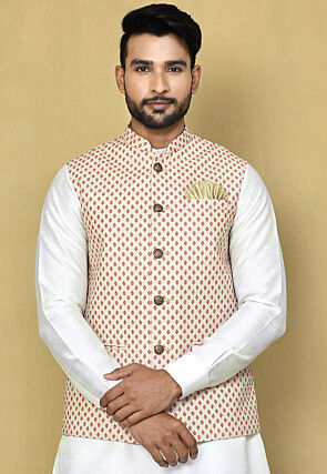 Viscose Cream Kurta Pajama and Mirror Embroidery Chevron Pattern Nehru  Jacket | Exotic India Art