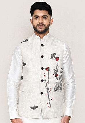 Embroidered Cotton Nehru Jacket in Off White