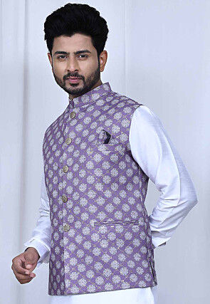 Embroidered Cotton Nehru Jacket in Purple