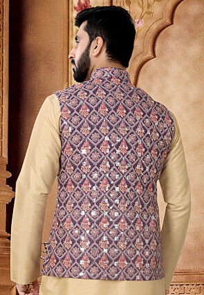 Embroidered Cotton Nehru Jacket in Purple