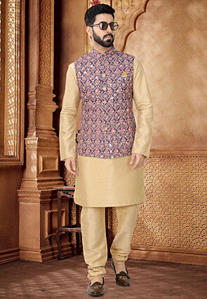 Embroidered Cotton Nehru Jacket in Purple