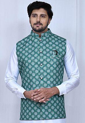 Embroidered Cotton Nehru Jacket in Teal Green