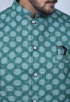 Embroidered Cotton Nehru Jacket in Teal Green