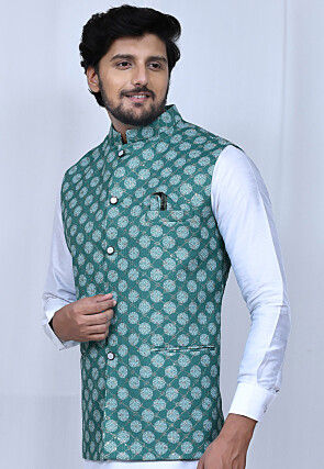 Embroidered Cotton Nehru Jacket in Teal Green