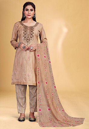 Embroidered Cotton Pakistani Suit in Light Brown