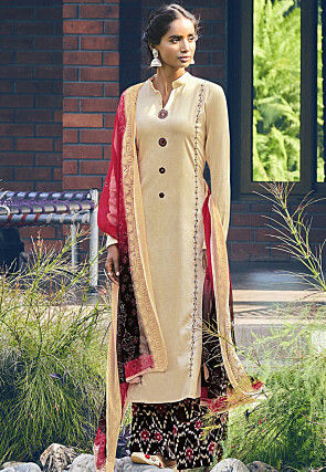 Embroidered Cotton Pakistani Suit in Beige