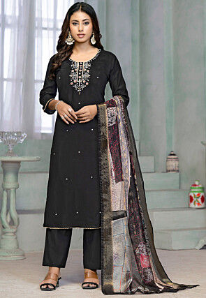 Embroidered Cotton Pakistani Suit in Black