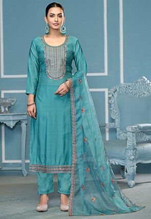 Embroidered Cotton Pakistani Suit in Blue