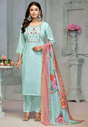 Embroidered Cotton Pakistani Suit in Blue
