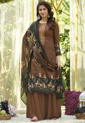 Embroidered Cotton Pakistani Suit in Brown