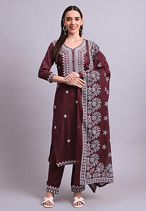 Embroidered Cotton Pakistani Suit in Brown