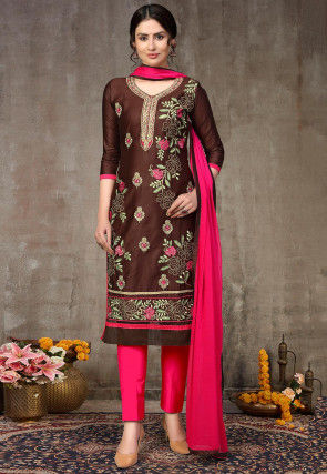 Embroidered Cotton Pakistani Suit in Brown