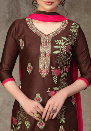 Embroidered Cotton Pakistani Suit in Brown