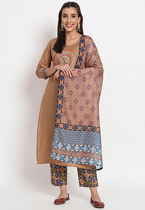 Embroidered Cotton Pakistani Suit in Brown