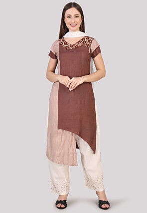 Embroidered Cotton Pakistani Suit in Dark Brown