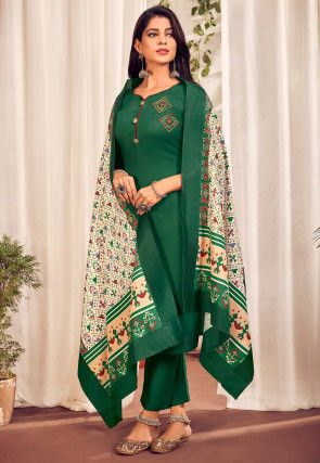 Embroidered Cotton Pakistani Suit in Dark Green