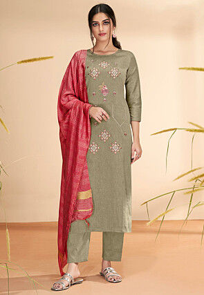 Embroidered Cotton Pakistani Suit in Fawn