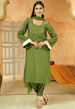 Embroidered Cotton Pakistani Suit in Green