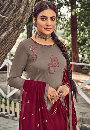 Embroidered Cotton Pakistani Suit in Grey