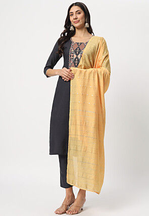 Embroidered Cotton Pakistani Suit in Grey