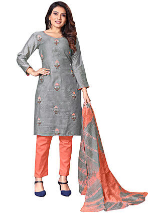 Embroidered Cotton Pakistani Suit in Grey
