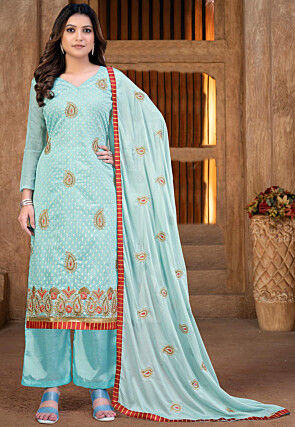 Embroidered Cotton Pakistani Suit in Light Blue