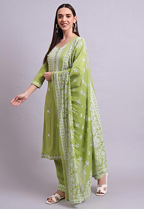 Pastel Green Mal Cotton Embroidered Semi Formal A-line Suit with Mal cotton Duppata main image 0