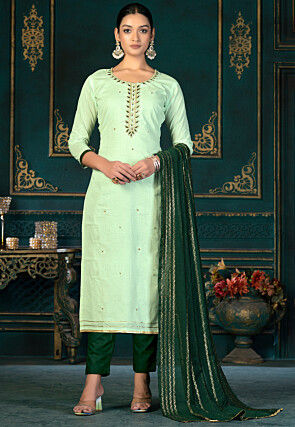 Embroidered Cotton Pakistani Suit in Light Green