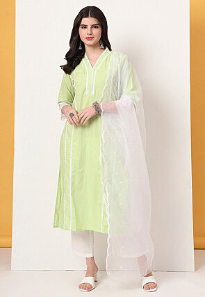 Embroidered Cotton Pakistani Suit in Light Green
