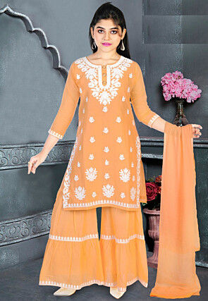 Embroidered Cotton Pakistani Suit in Light Orange