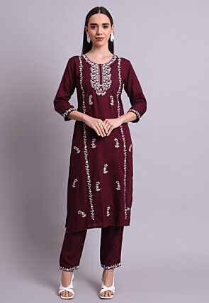 Embroidered Cotton Pakistani Suit in Maroon